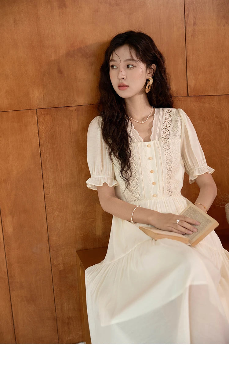 MISHOW Women's French Hollowed Out Embroidery Dress 2024 Summer Elegant Slim Fairycore Dress Waist Mid Length Dresses MXD31L1981