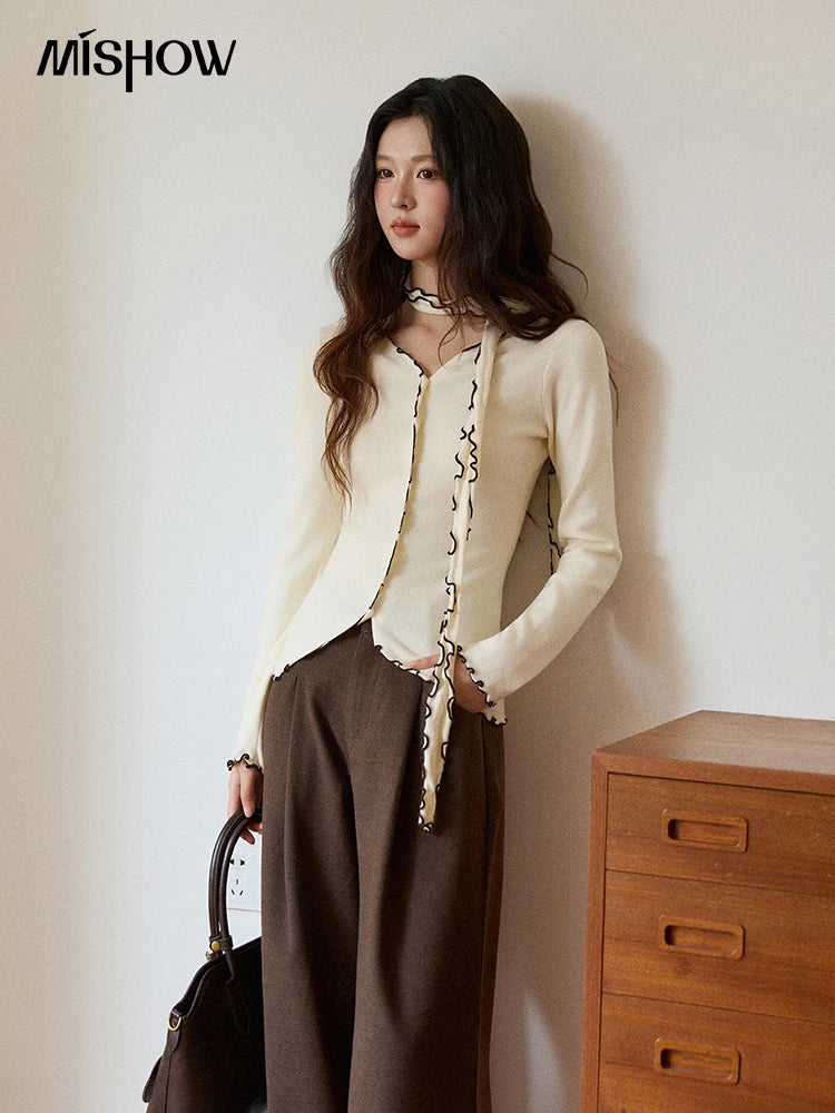 MISHOW New Ruffled Edge Knitted Pullovers for Woman 2025 Retro Slim V-neck Ribbon Knit Top Cmfortable Winter Clothes MXE86Z2728