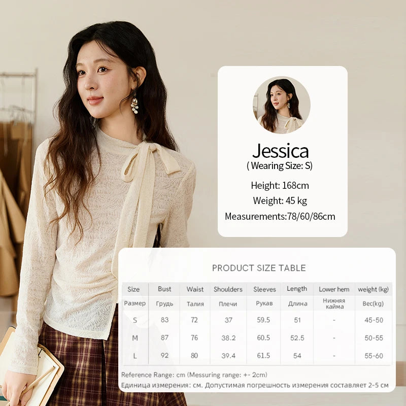 MISHOW Lace Base Tops for Women Autumn 2025 Retro Stand Neck Lace Up Bow Thin Sweater Apricot Waist Knitted Inner Top MXE45Z1382