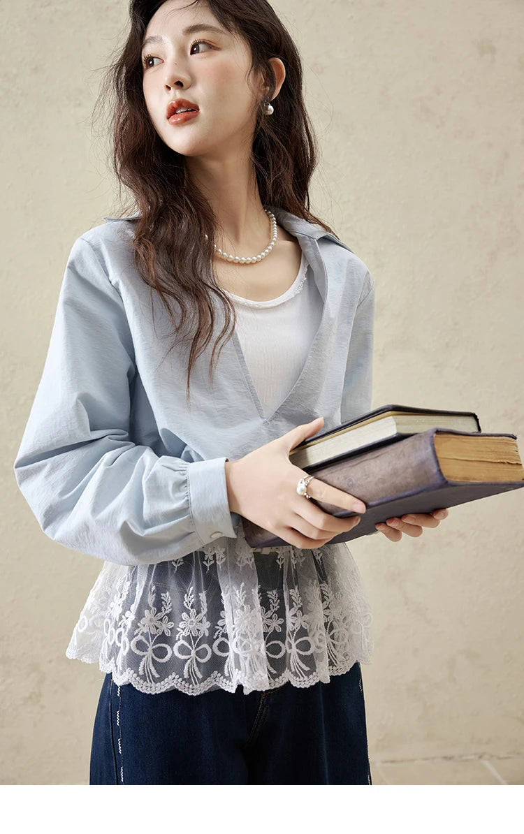 MISHOW French Spring Shirts Women 2025 Long Sleeve Turn-down Collar Fake Two-piece Blouses Female Splicing Lace Tops MXE16C0783