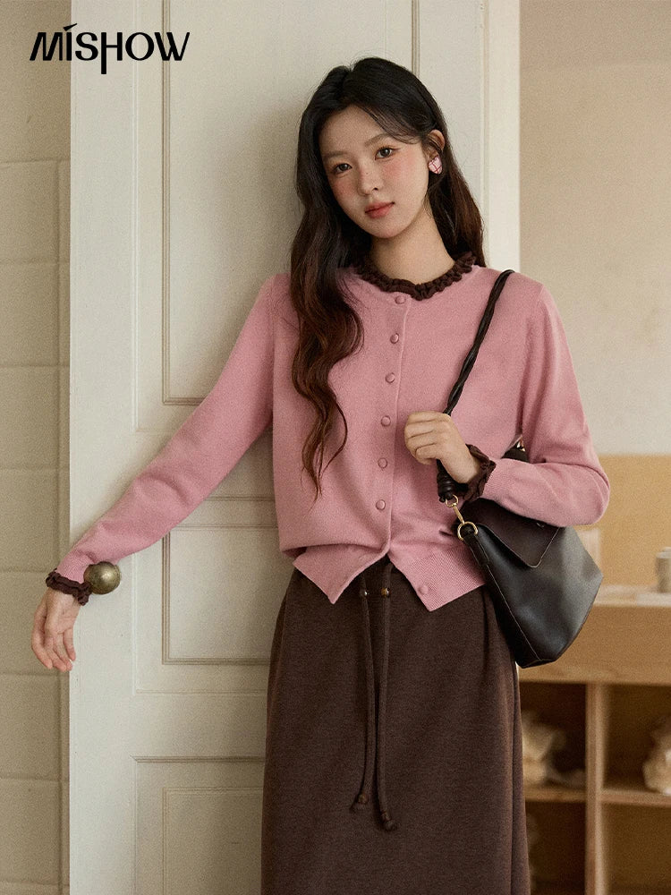 MISHOW Women Knit Cardigan Long Sleeve 2025 Winter Retro Ruffle O-neck Knitted Sweater Loose Casual Commute Khaki Top MXE91Z2749