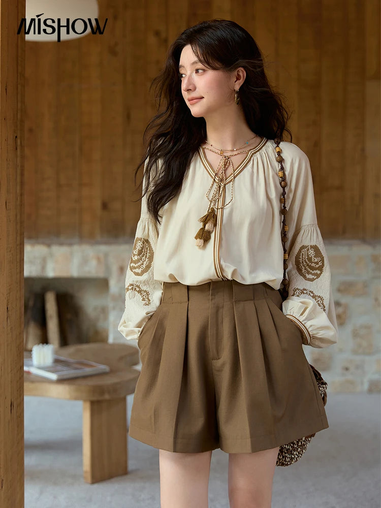 MISHOW Autumn Apricot Embroidered Blouses 2025 Contrasting Tassels Lace Up Blouses Lantern Sleeves Loose Vintage Top MXE41X1940