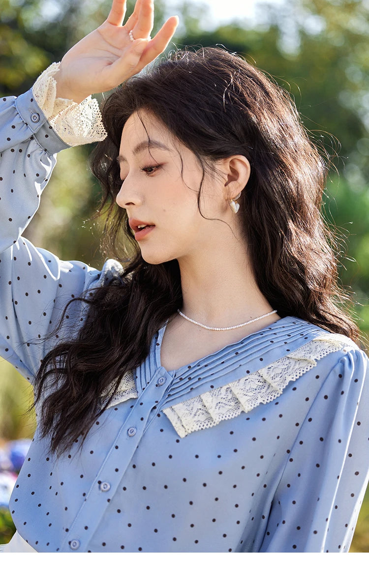 MISHOW Lace Patchwork Polka Dot Shirt for Women Spring 2025 French V-neck Shirt Cuff Splic with Hollowed Out Lace Top MXE12X1707