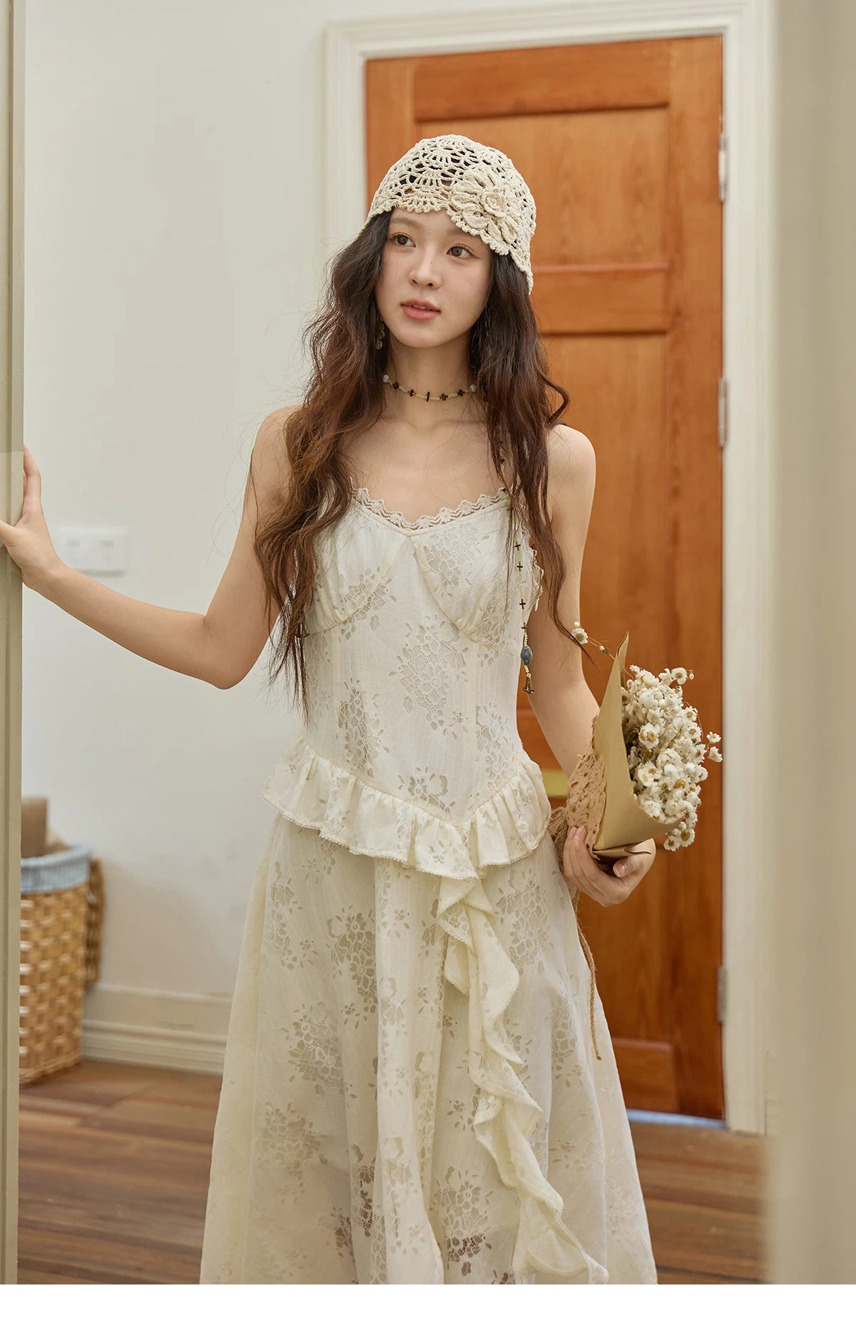 MISHOW Bohemian Apricot Lace Camisole Inner Dress Autumn Irregular Ruffle Tassel Hem Dresses Front Side Fork Dress MXE43L2449