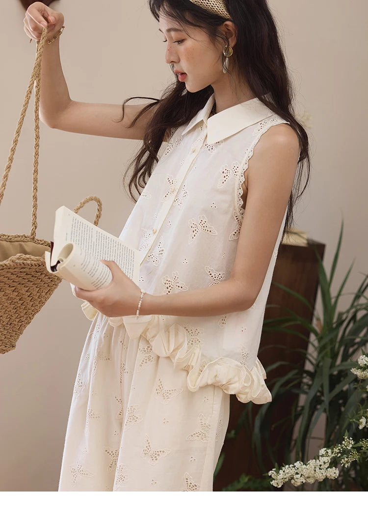 MISHOW 100 Cotton Butterfly Hollow Lace Lapel Shirt for Women Single Breasted Elegant Breathable Shirts with Tube Top MXE34X1808