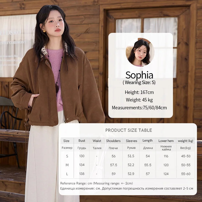 MISHOW Brown Jacket for Women 2025 Autumn Winter Retro Detachable Lace Collar Drawstring Hem Jacket Women's Clothing MXE45W0846