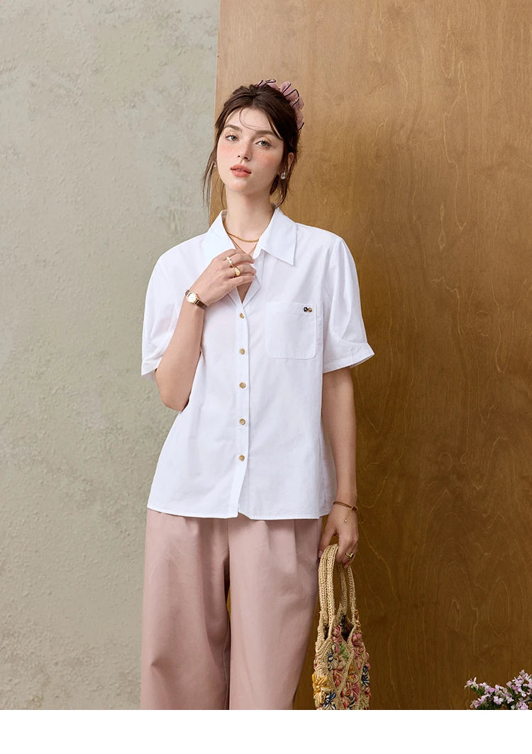 MISHOW New French Summer Shirts for Women New 2025 Short Sleeve Turn-down Collar Solid Slimming Blouses Lady Gentle MXE33C0778