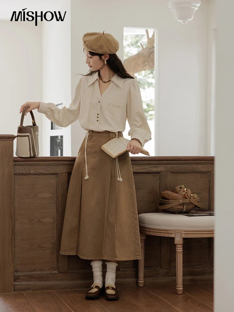 MISHOW Women's Long Sleeved Shirt 2024 Autumn French Minimalist Lapel V Neck Commuter Shirt Retro Button Office Lady MXD43C0306