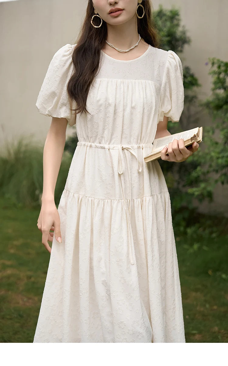 MISHOW French Draw String Waist Dress 2023 Summer Short Sleeve A-LINE Puff Sleeve O-Neck Pullover Elegant Solid Dress MXC38L1415