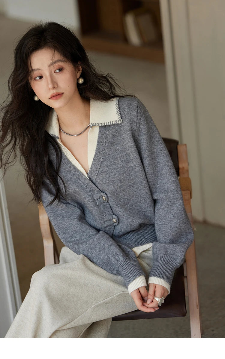 MISHOW Fake Two-piece Sweater Women Fashion Splicing Lapel Knitwear 2024 fall winter New Design Retro V-neck Cardigan MXD41Z0712