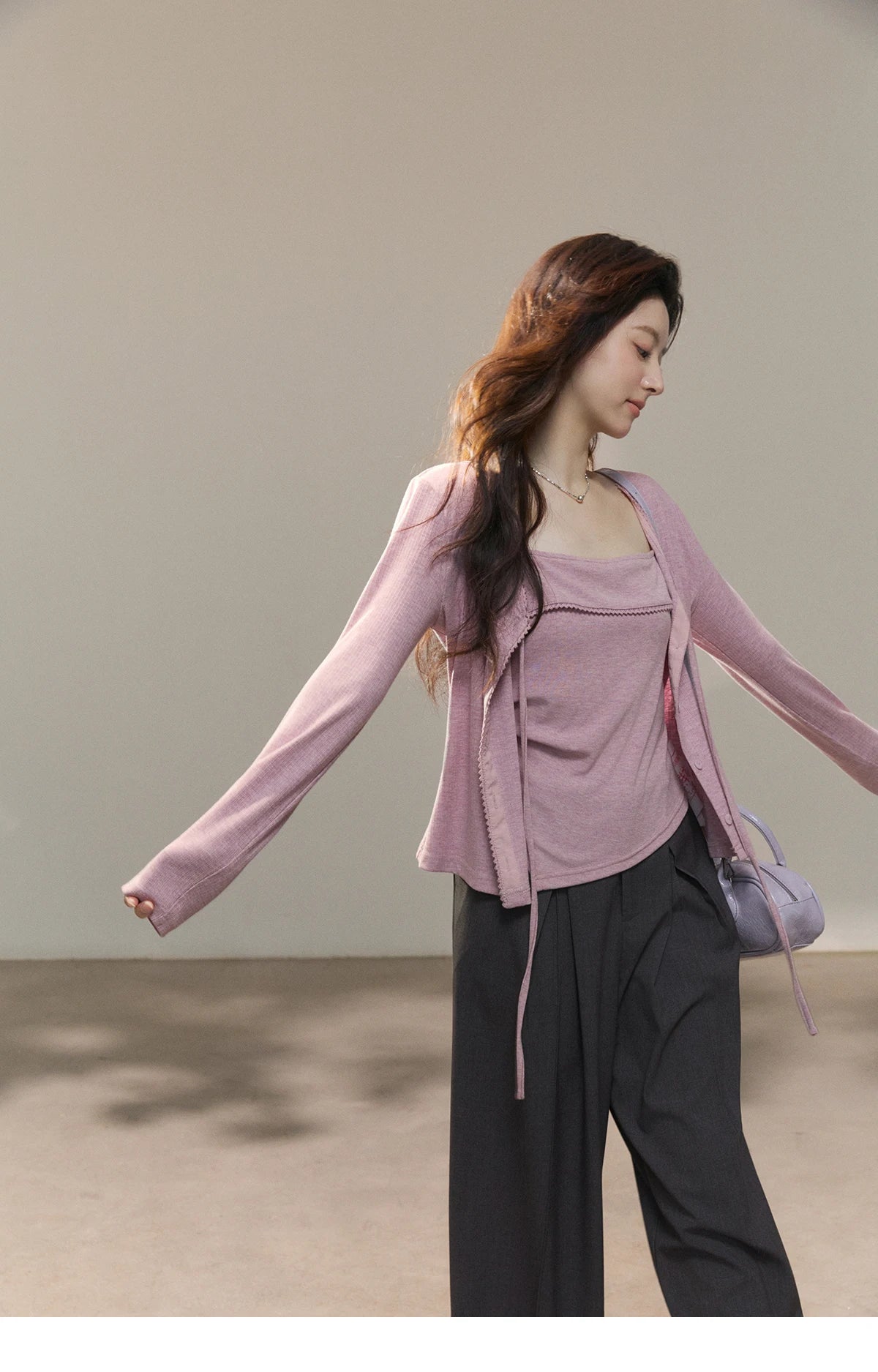 MISHOW Women's Purple Knitted Two-Piece Set 2026 Spring Knitted V-neck Lace-Up Cardigans Camisole Irregular Tops Set MXF13Z2998