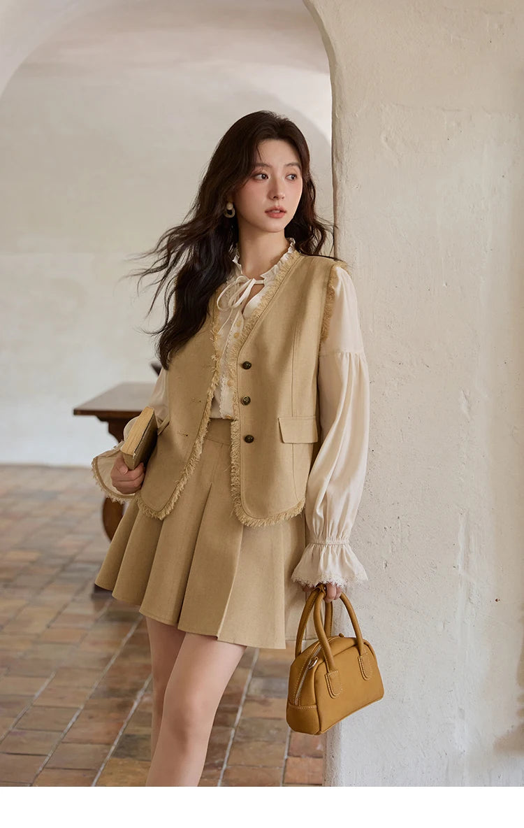 MISHOW Khaki Rough Selvedge Vest Coat Pleated Skirt Two-piece Set 2025 Autumn Women Linen Blend Retro Set Office Lady MXE41T0690