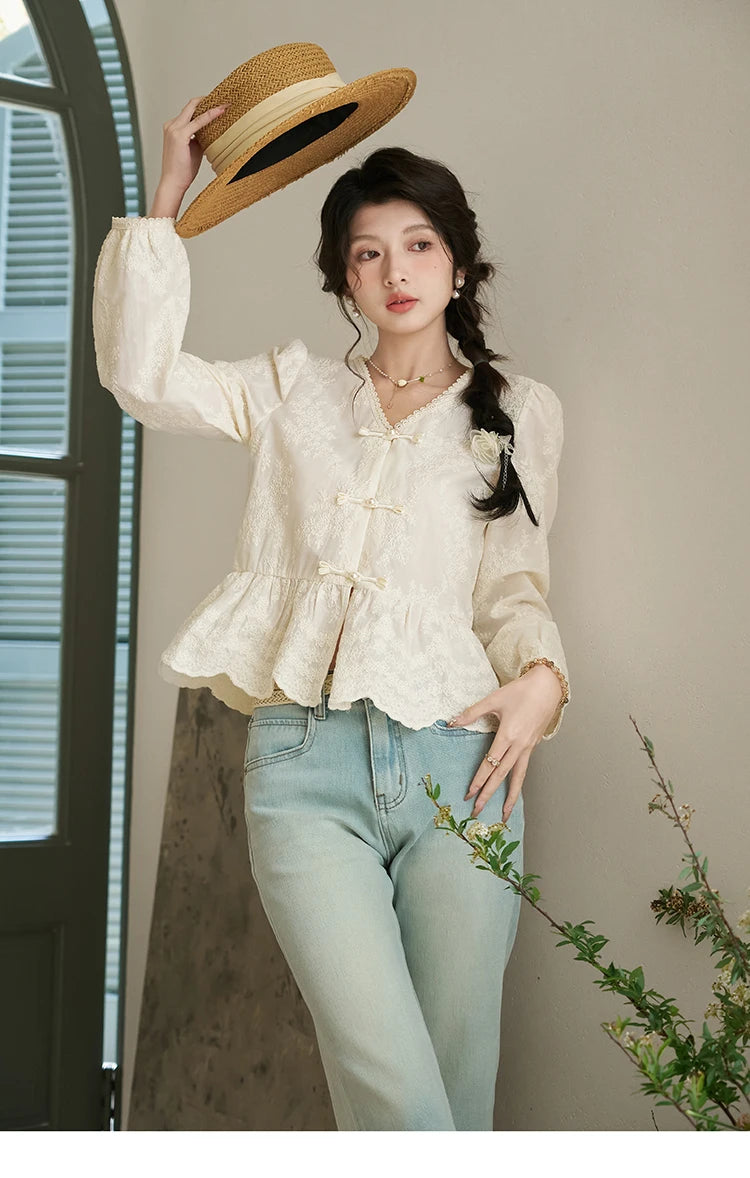 MISHOW Chinese Lace Blouses French Sweet Three-dimensional Embroidery Spring 2024 Button Up V-neck Long Sleeved Top MXD14X1433
