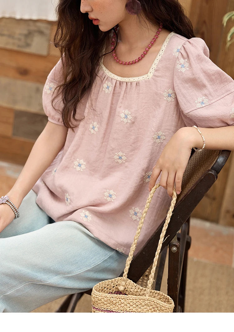 MISHOW Pink Embroidered Linen Floral Blouse for Summer 2025 A-line Square Collar Blouses Lace Patchwork Loose Tops MXE35X1834
