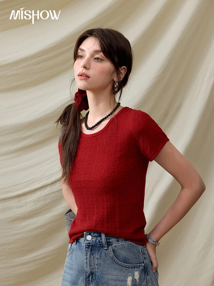 MISHOW Office Lady Women’s T-shirts Summer 2025 Short Sleeve Round Neck Solid Slimming Knitted Shirt Female Fashion MXE34Z1257