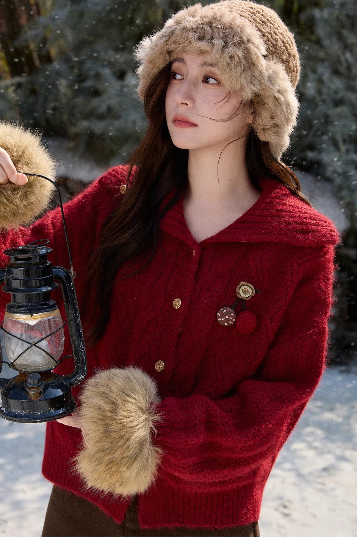 MISHOW Women's Red Knitted Cardigan Autumn Winter Cable Knitted Stand Collar Single-breasted Warm Loose Outerwear MXE92Z2827