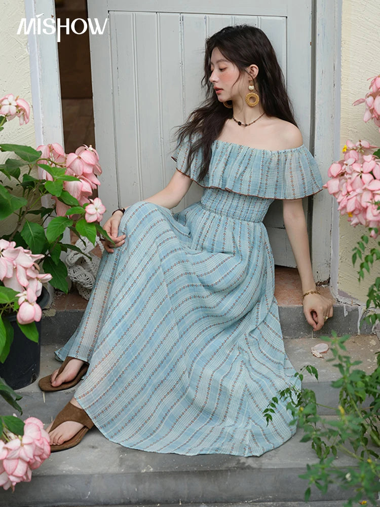 MISHOW Women's Fashion Slash Neck Chiffon Dress 2025 Ladies Elegant Vacation Striped French Dresses Female Clothing MXE39L2380