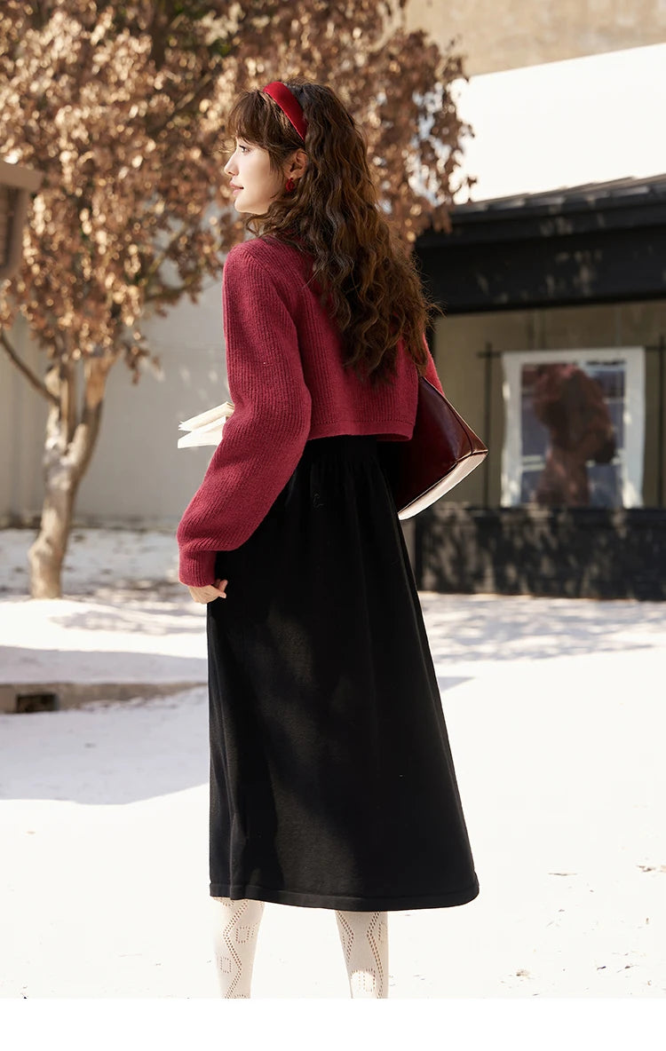 MISHOW Knitted Dress Solid Cardigan Separately Women Winter V Neck Sweater Midi A-line High Waist Dress Short Tops MXC59L1646