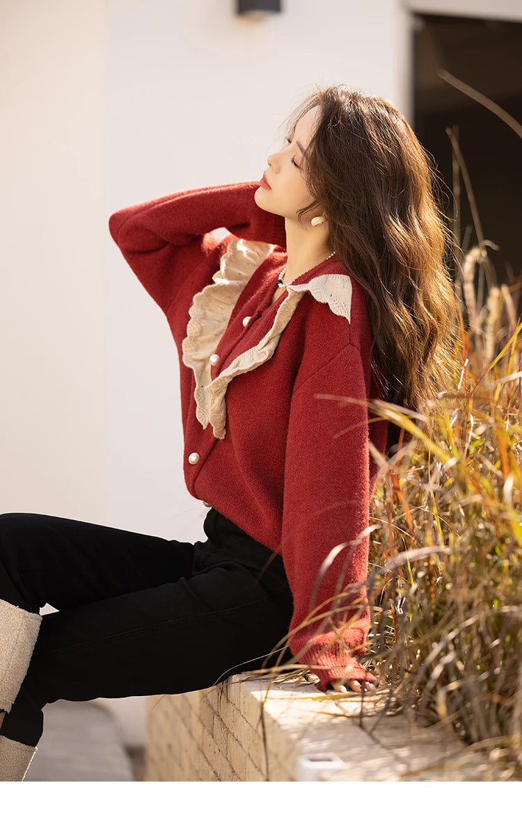 MISHOW Sweater Cardigan for Women Korean Fashion Ruffle Knitwears Autumn Winter Single Breasted Knitted Tops Jumpers MXB46Z1111