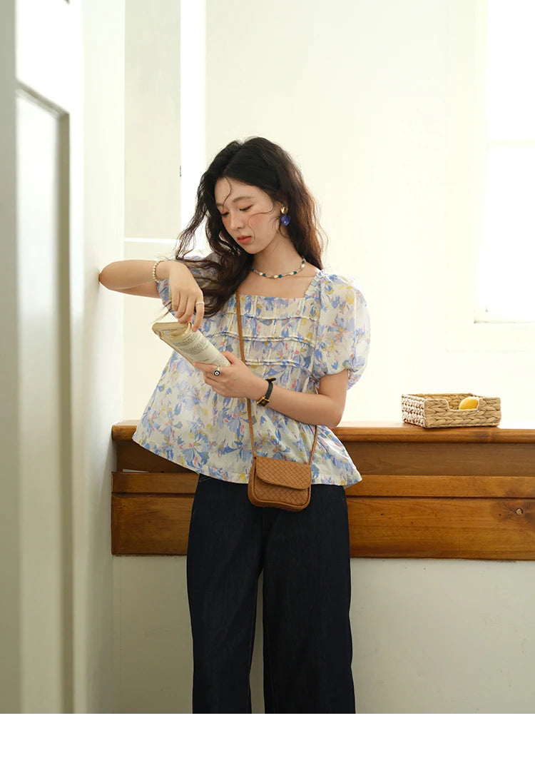 MISHOW Fashion Square Neck Puff Sleeve Blouse for Women 2025 Summer New French Sweet Loose Print Top Ladies Clothing MXE39X1937