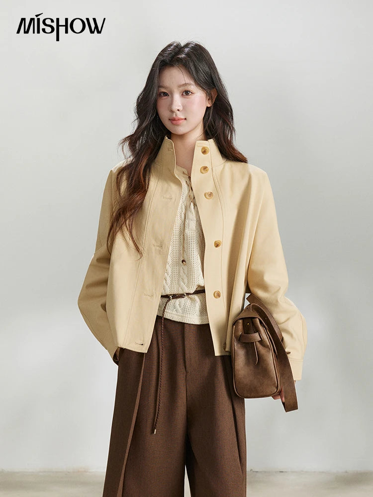 MISHOW Women's Khaki Cropped Trench Coat Spring Lapel Stand Collar Coats Removable Plaid Cap Casual Loose Jacket MXF108W1003