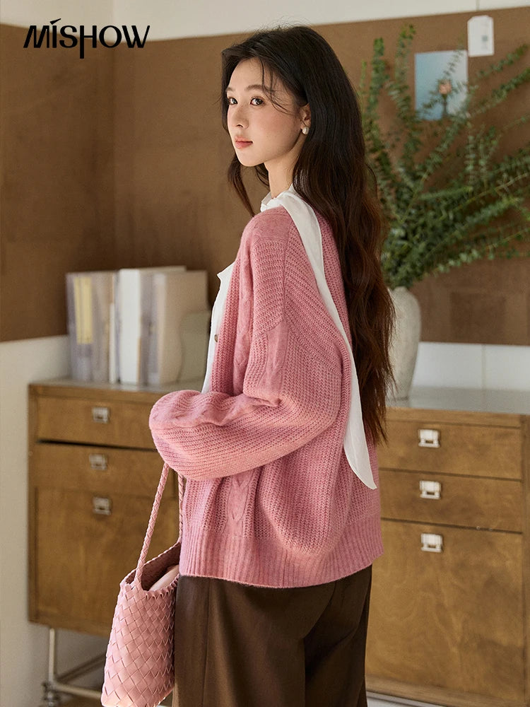 MISHOW Women's Dusty Pink Knitted Cardigan 2026 Spring V-Neck Single Breasted Tops Loose Casual Long Sleeve Outerwear MXF11Z2898