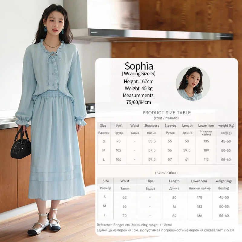 MISHOW Women's Light Blue Striped Linen Suit 2025 Autumn Fungus Edge V-neck Lace-up Shirt Elastic Waist Skirt Two pcs MXE41T0700