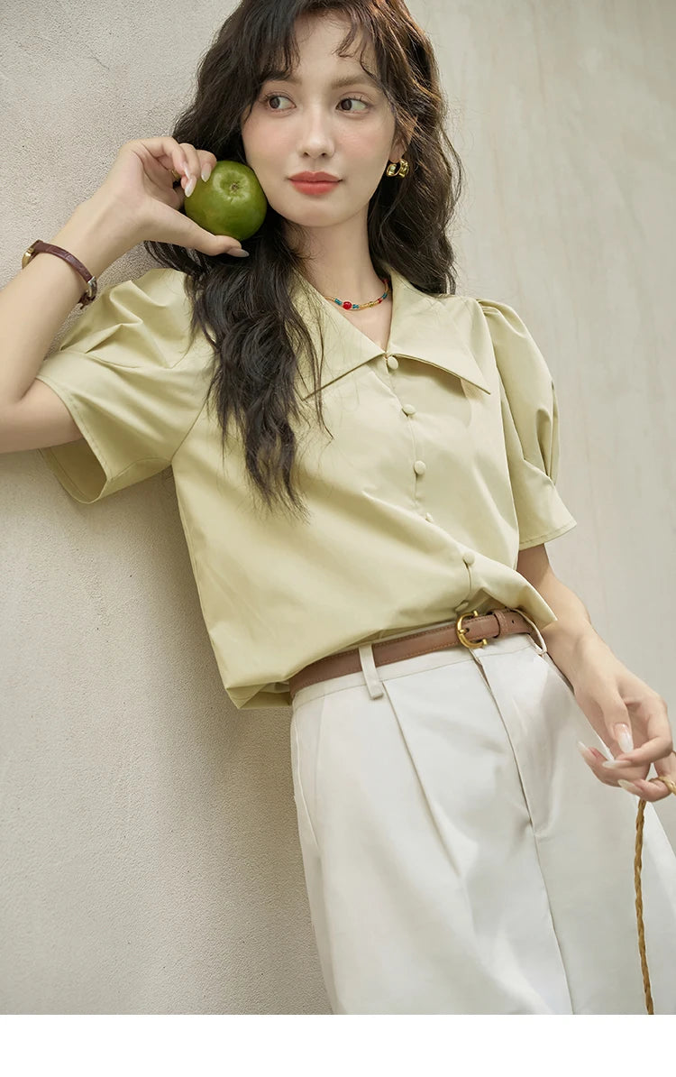 MISHOW Bubble Sleeve V-neck Commuting Shirts for Women 2025 Summer Retro Lapel Neck Short Sleeve Loose Solid Tops MXD28X1471