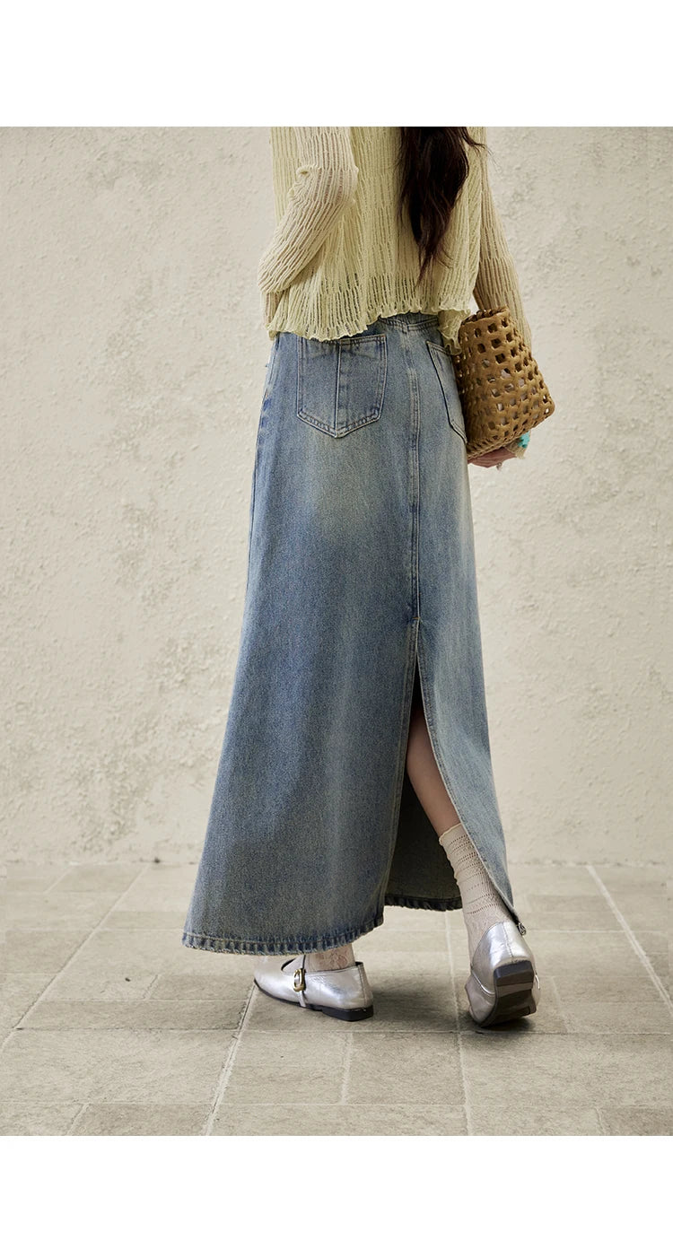 MISHOW Denim Skirt Women 2025 Spring Irregular Wash Denim Distressed Skirts Split Back Hem High Waist Commuter Skirt MXE14B0705