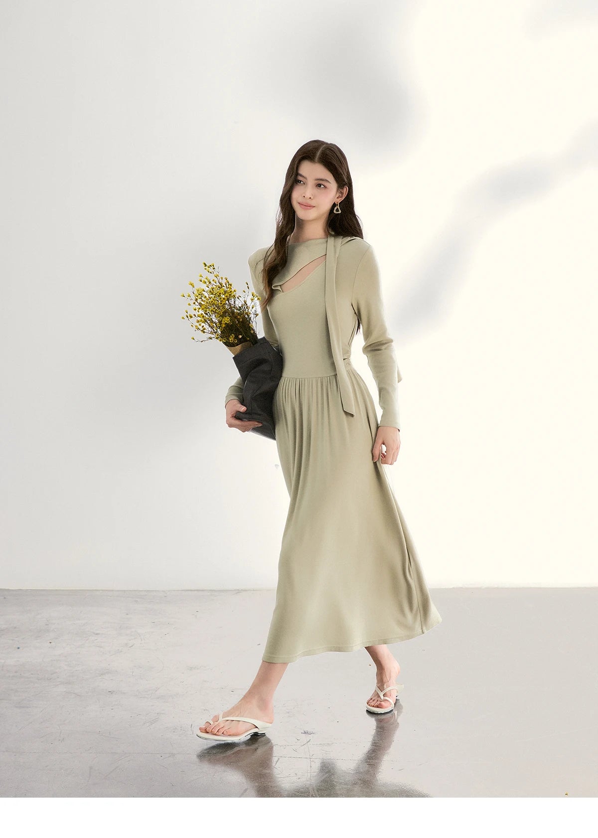 MISHOW Women's Light Green Midi Dress 2026 Spring Cutout Neck Hollow Out Ribbon Dresses Elegant Long Sleeve Dress MXF13L2556
