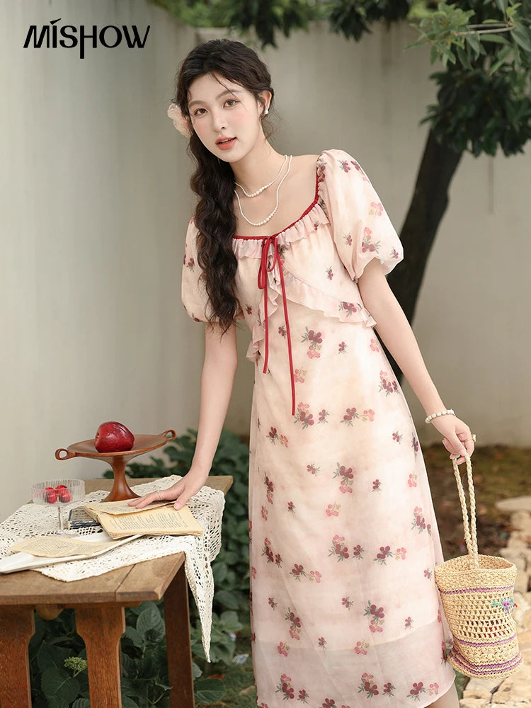 MISHOW Tea Break French Dress Women 2025 Summer Korean Floral Bubble Sleeve Dress Square Neck Lace-up Waist Dresses MXD31L1924