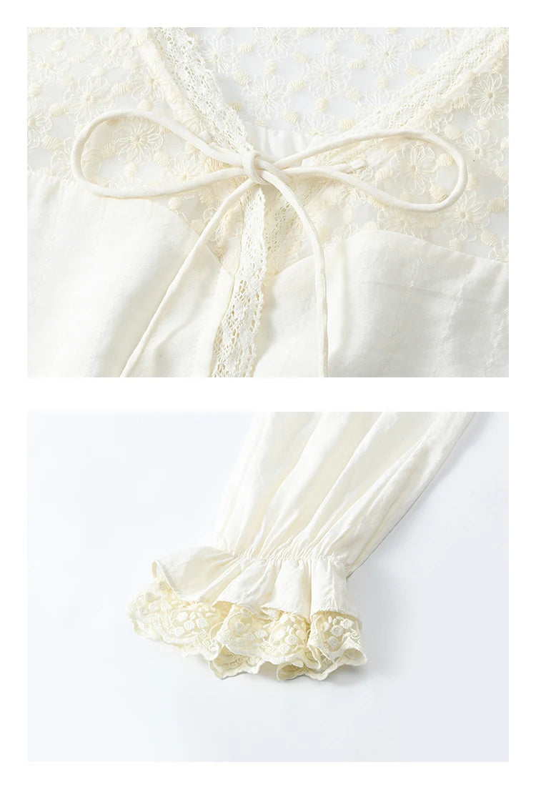 MISHOW Lace Patchwork Shirt for Women Spring 2025 V-neck with Fungus Edge Lace-up Chiffon Top Petal Sleeve Shirts MXE13X1713