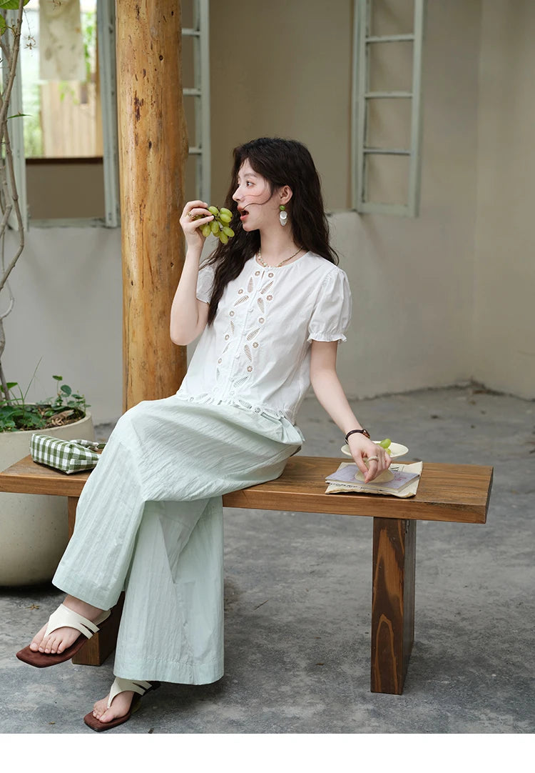 MISHOW 100%Cotton Hollow Embroidery Round Neck Shirt for Women 2025 Summer Puff Sleeve Casual Top Women's Clothing MXE39X1938