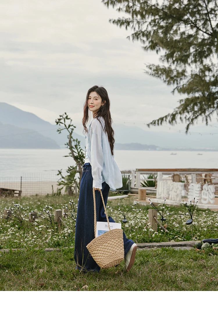 MISHOW Blue Office Lady Shirts Women 2025 Summer New Round Neck Long Sleeve Hollow Embroidery Blouses Female Fashion MXE31C0775