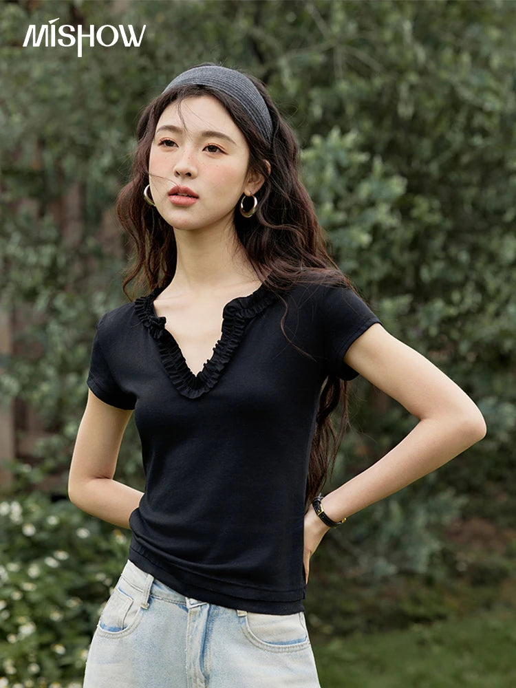 MISHOW Casual Summer T-shirts Women New 2025 Short Sleeve V-neck Solid Straight Shoulder Slimming Shirt Female Thin MXE35T0562