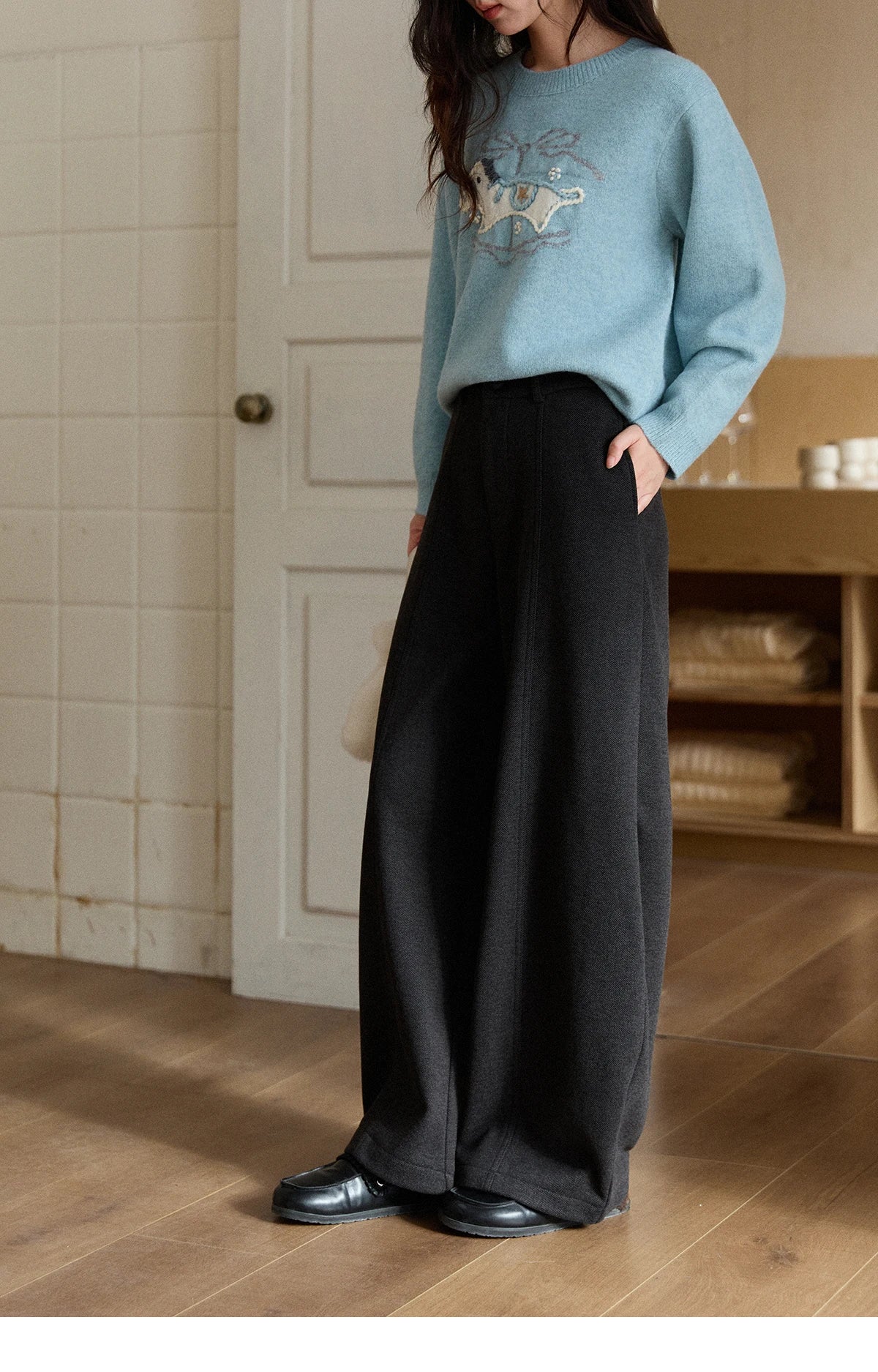 MISHOW Women's Gray Woolen Blend Wide-Leg Pants Winter High Waist Draped Straight Thick Back Elastic Waist Trousers MXE93K1143