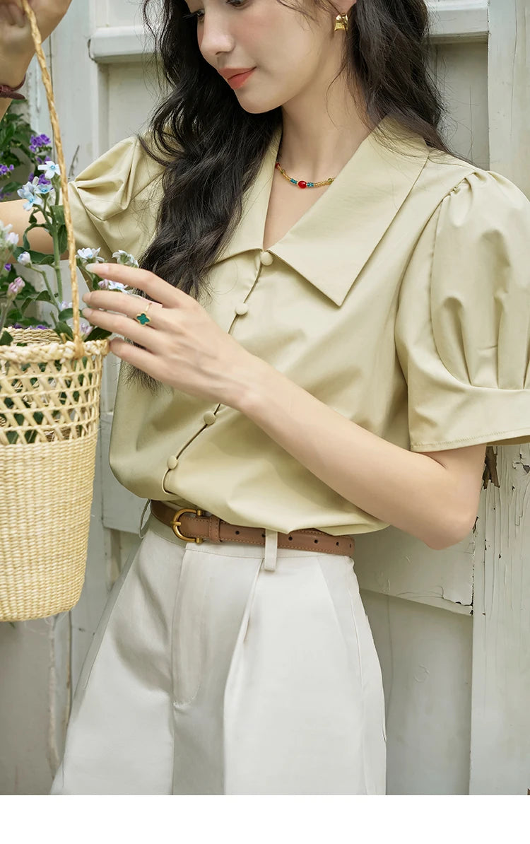 MISHOW Bubble Sleeve V-neck Commuting Shirts for Women 2025 Summer Retro Lapel Neck Short Sleeve Loose Solid Tops MXD28X1471