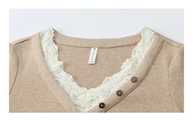 MISHOW Long Sleeve Tops for Woman 2025 Autumn Winter Sweet Gentle V-neck Top with Lace Trim Commute Slim Knit Top MXE86Z2673