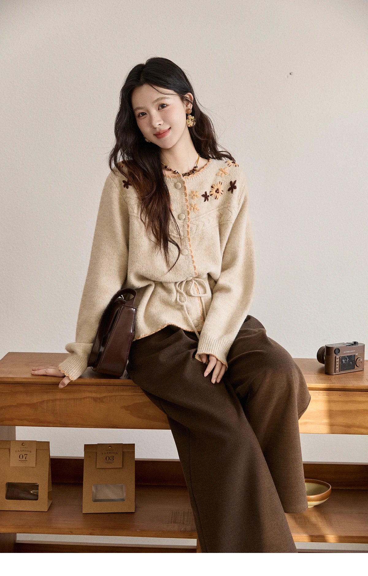 MISHOW Women's Apricot Hand-Embroidered Cardigan 2025 Winter Wool Blend Sweater Waist Tie Crochet Thick Warm Knitwear MXE87Z2702