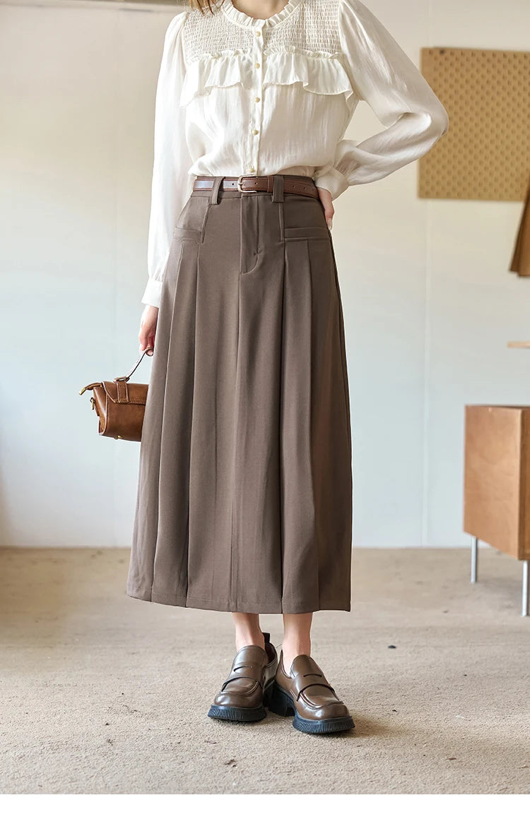 MISHOW Women's Midi Skirt 2023 Autumn Academy Pleated Commuter A-LINE Pockets Solid Split Back Hem Mid-Calf Skirts MXC42B0118