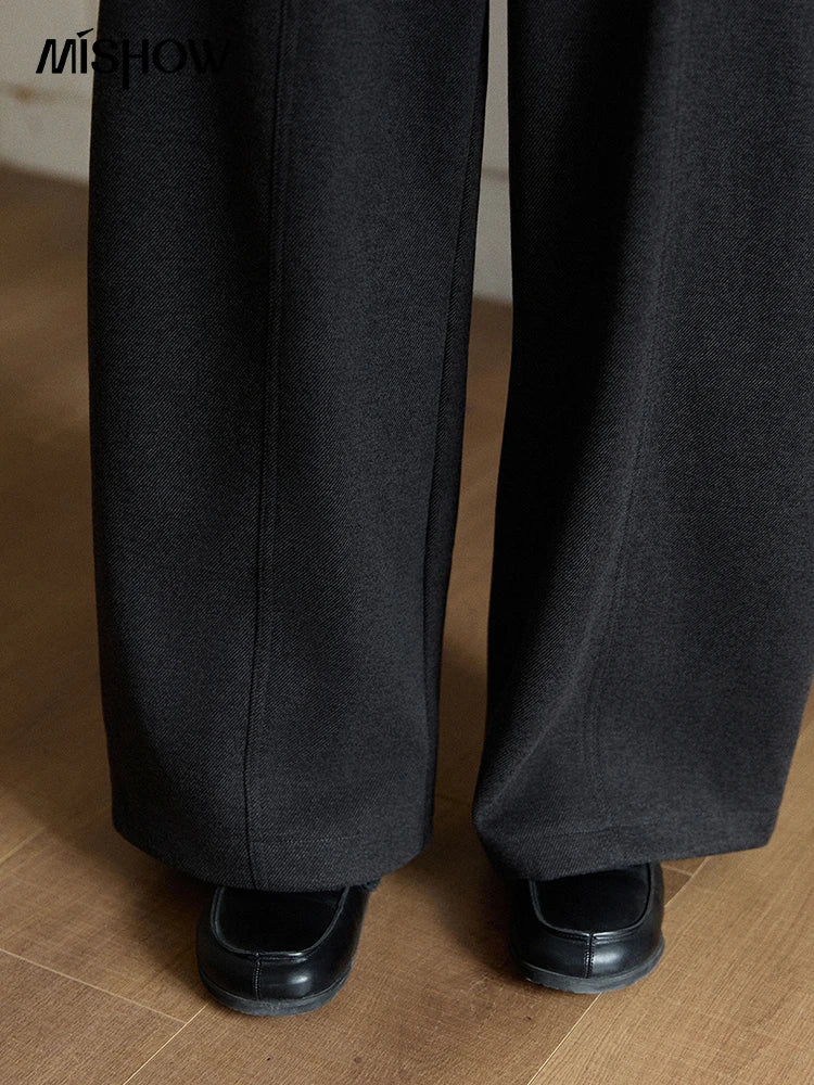 MISHOW Women's Gray Woolen Blend Wide-Leg Pants Winter High Waist Draped Straight Thick Back Elastic Waist Trousers MXE93K1143