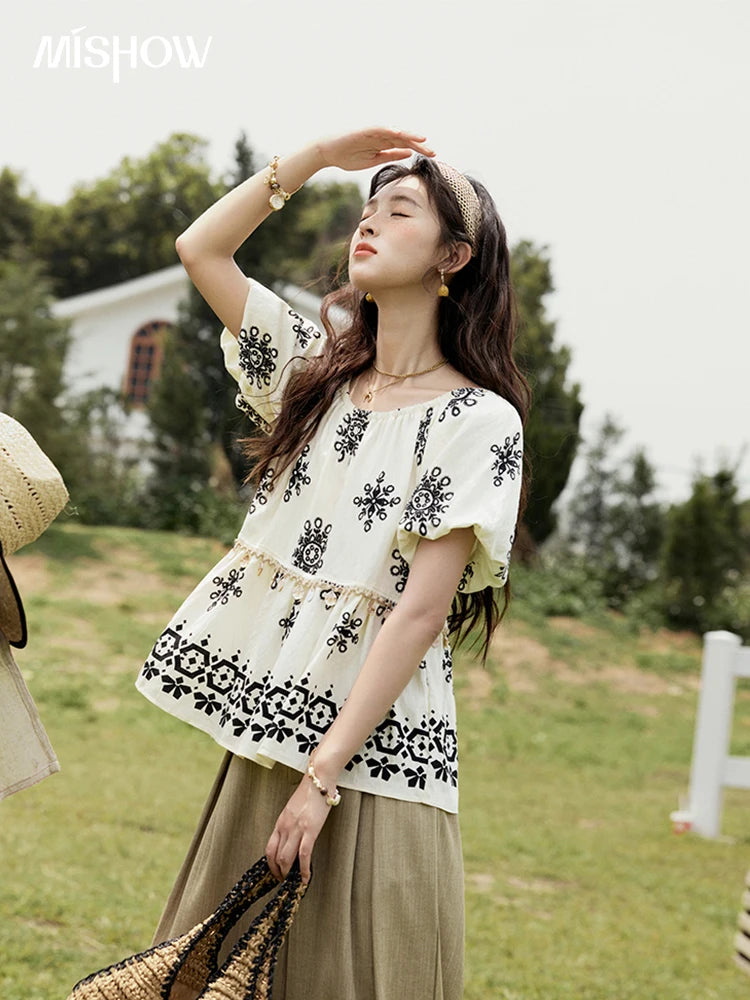 MISHOW Bohemian Print Shirts Women Summer Short Puff Sleeve Square Sleeve Loose Shell Ribbon Stitching Blouses Lady MXE35X1817