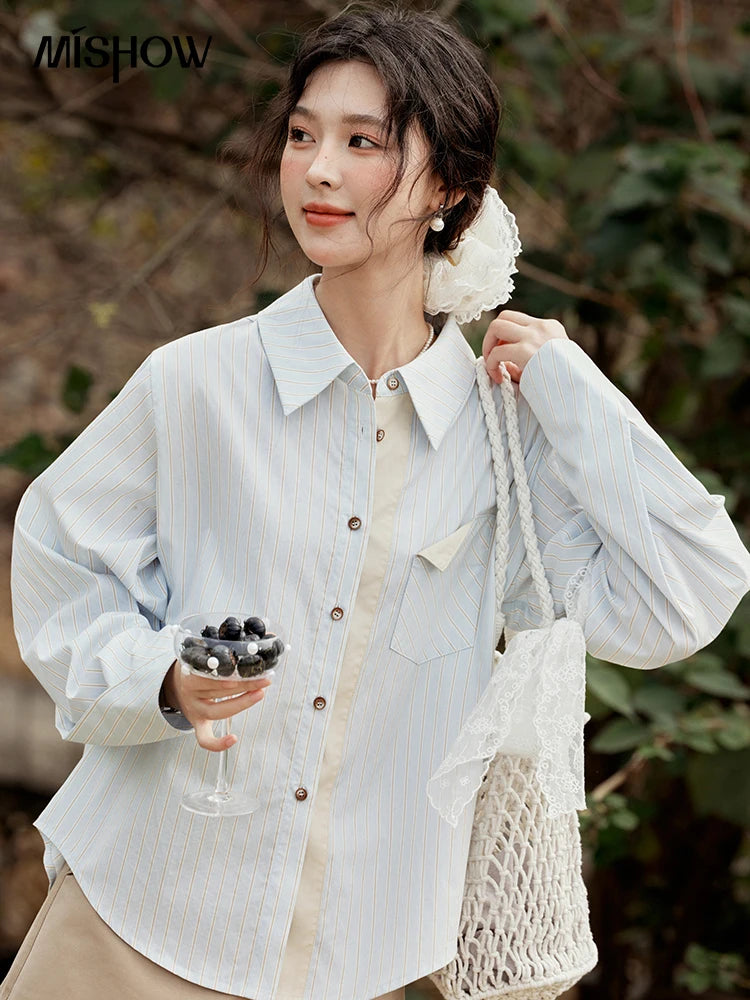 MISHOW Light Blue Striped Shirt for Women Spring 2025 Contrast Color Placket Shirt 100 Cotton Polo Neck Commuting Top MXE15C0762