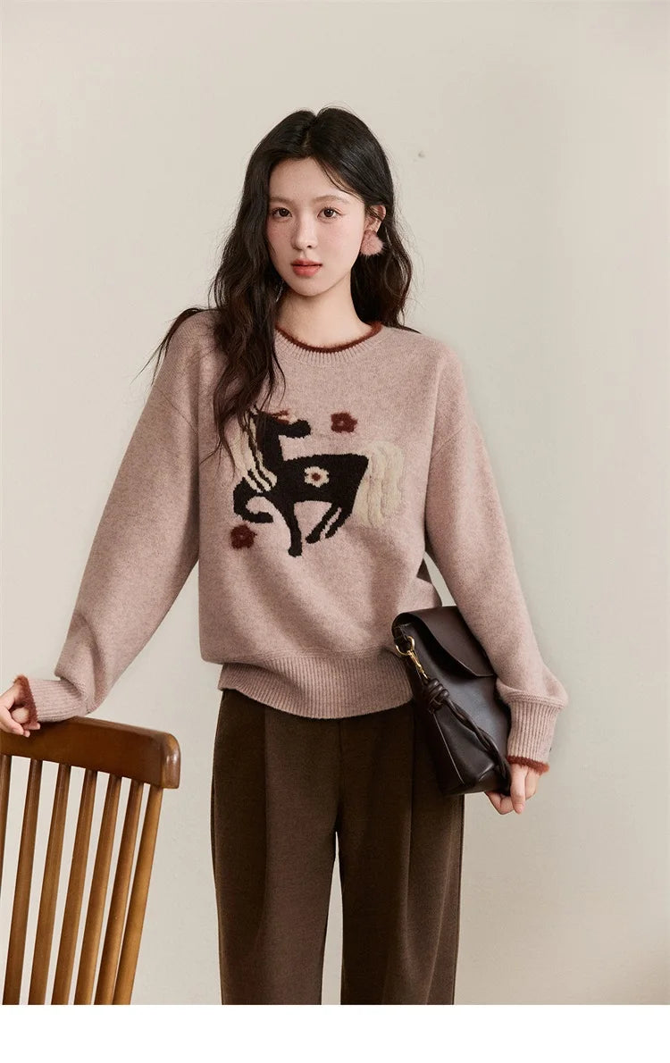 MISHOW Women's Horse Pattern Knit Sweater Winter Crew Neck Sweaters Collar Cuffs Splice Contrasting Faux Mink Fur Top MXE94Z2863