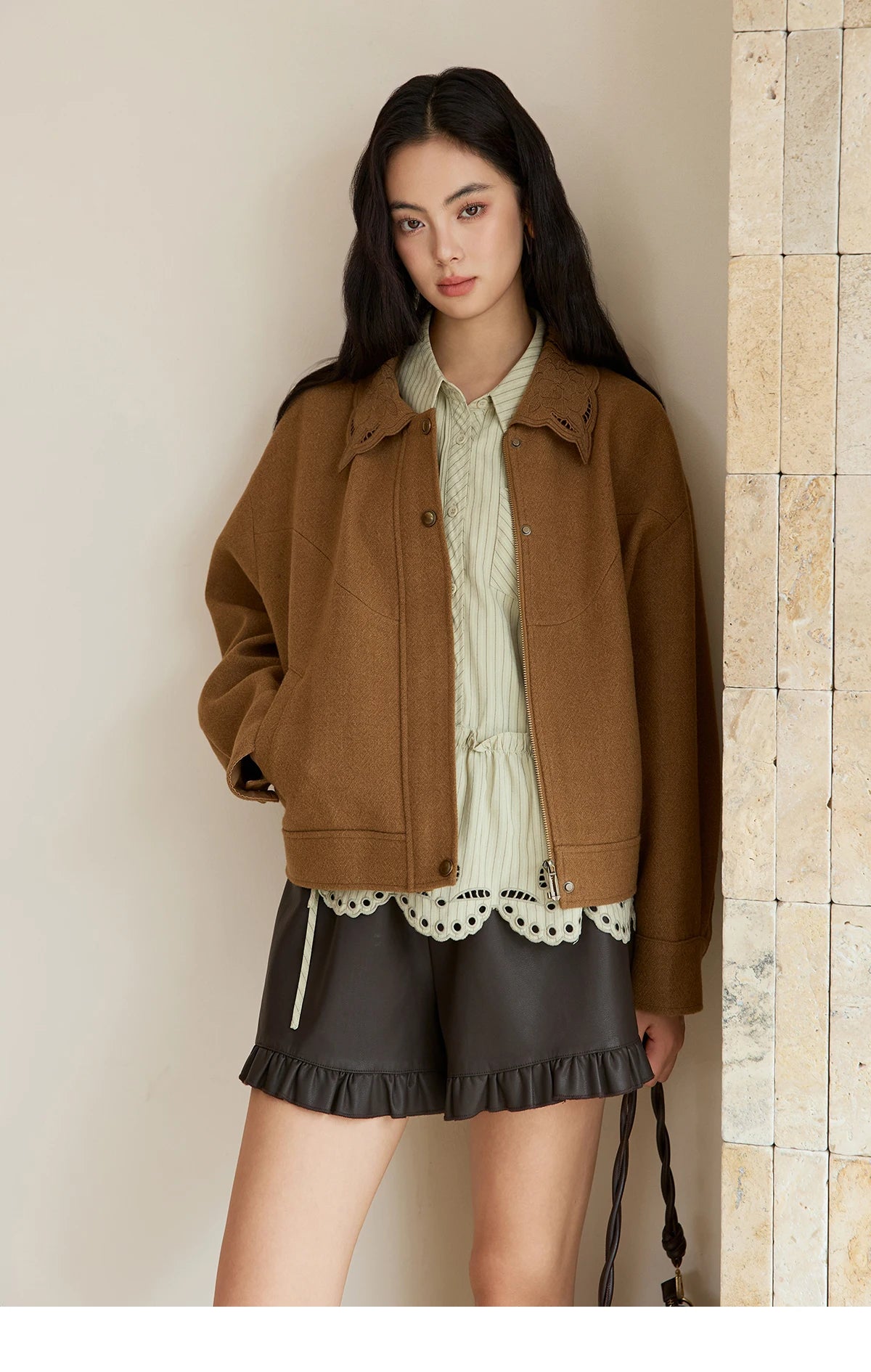 MISHOW Brown Woolen Coat for Women 2025 Winter Hollow Out Embroidery Turn Down Collar Retro Short Loose Casual Coat MXE49W0856