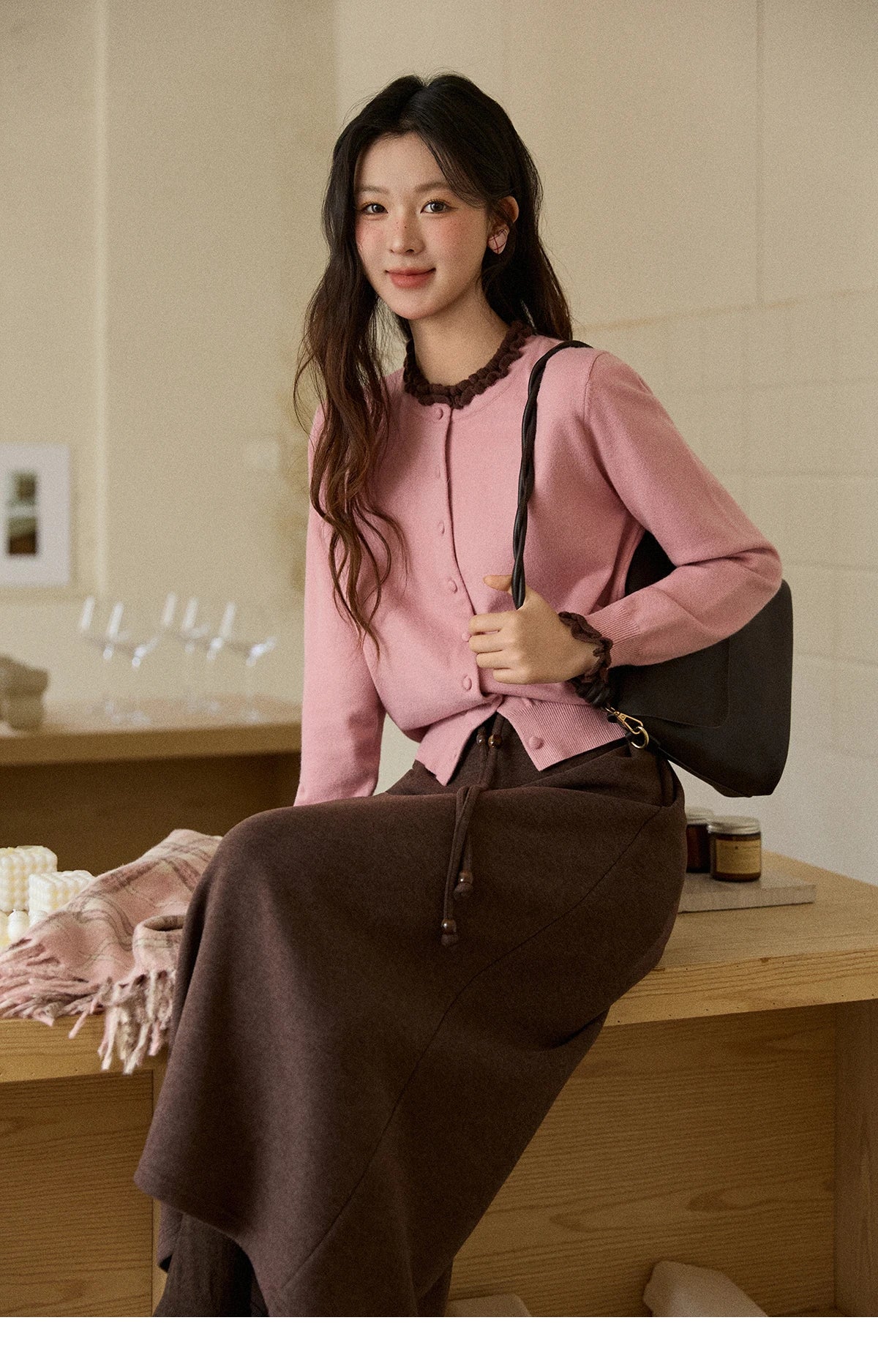 MISHOW Women Knit Cardigan Long Sleeve 2025 Winter Retro Ruffle O-neck Knitted Sweater Loose Casual Commute Khaki Top MXE91Z2749