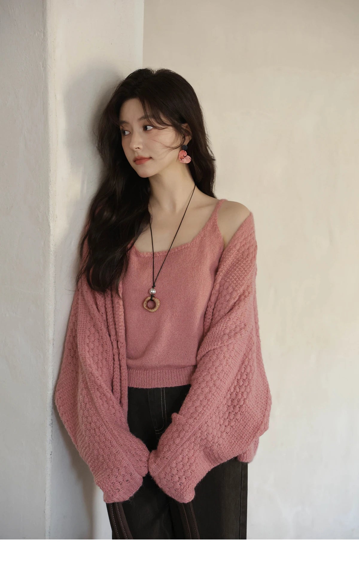 MISHOW Women's Pink Knit Two-Piece Set 2025 Autumn Sweet Long Sleeves Cardigan with Vest Casual Women's Clothes Set MXE44T0737