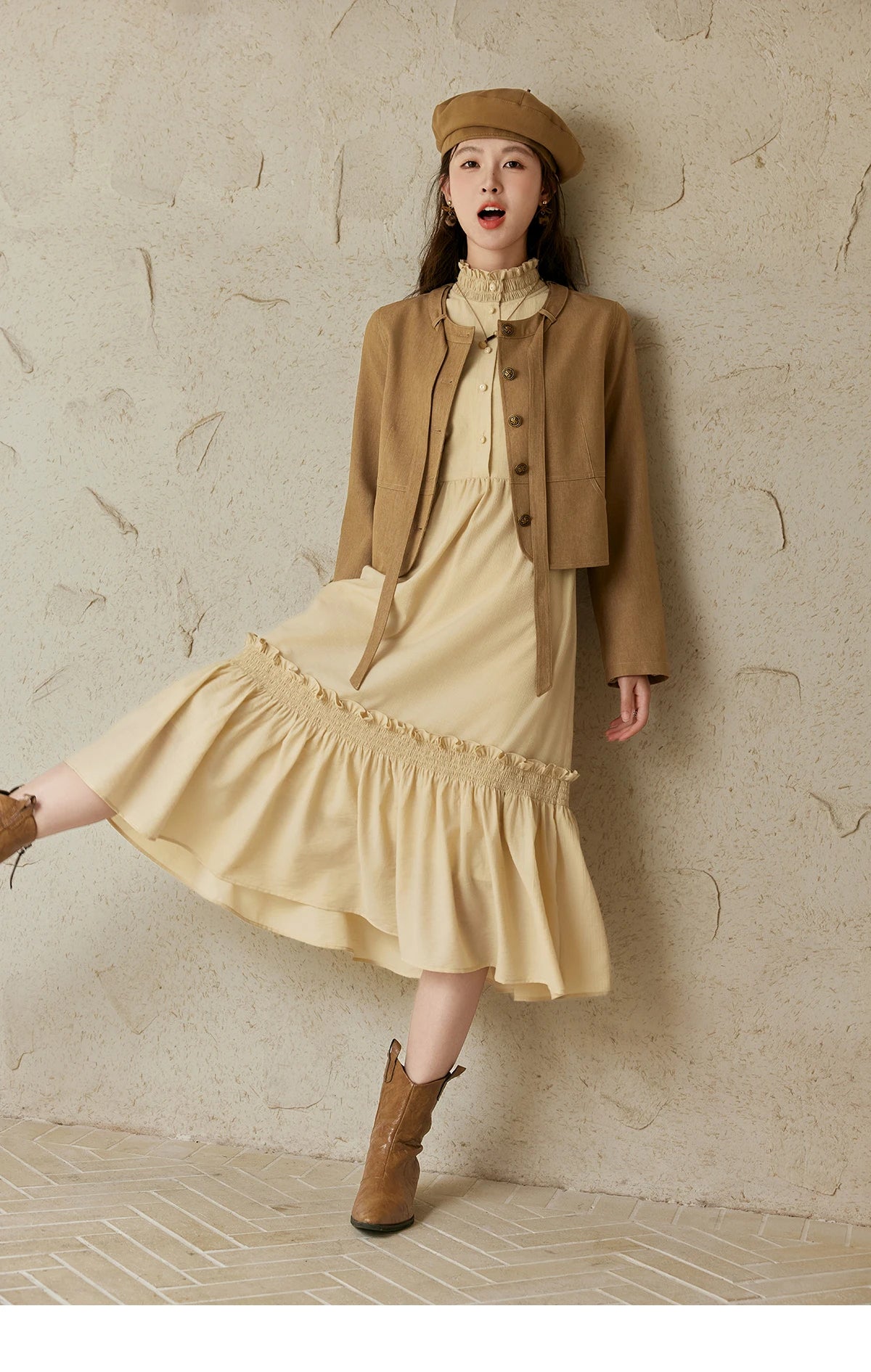 MISHOW French Stand Neck Elasticity Dress 2024 Autumn Waist Elegant A-line Dresses Elastic Lotus Leaf Sleeves Dress MPD42L2036