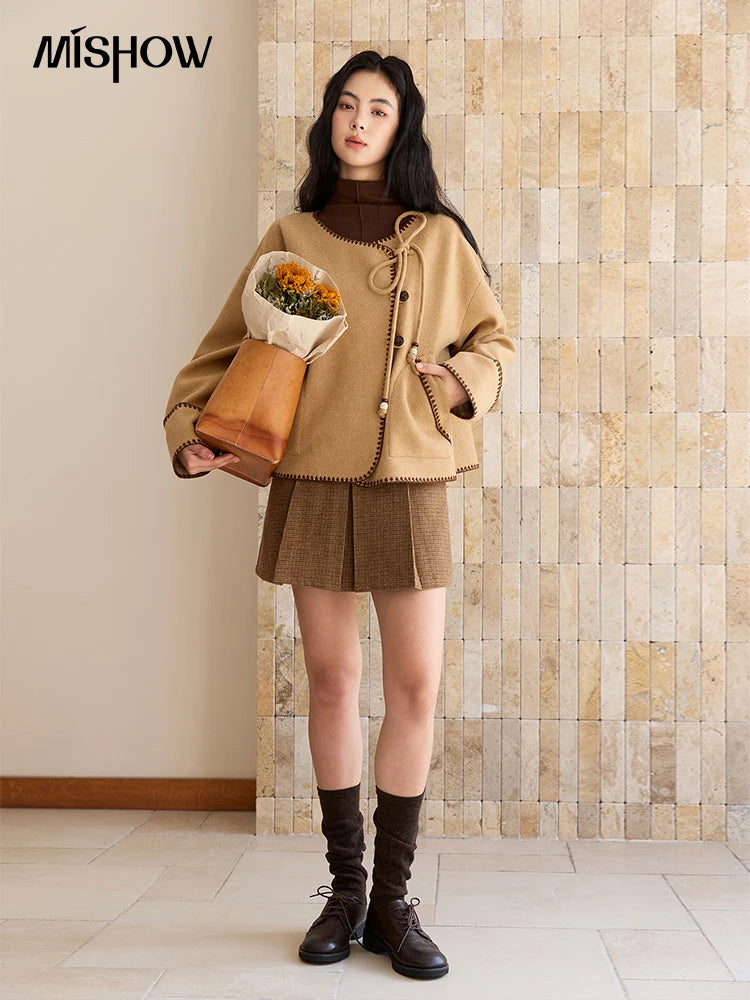 MISHOW Coat for Women 2025 Autumn Winter Khaki Asymmetrical Design Shell Flower Embroidery Lace-up Short Casual Coat MXE49W0854