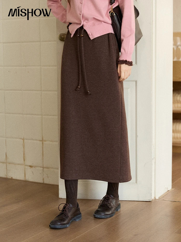 MISHOW Woman Brown Skirt 2025 Retro High Waist Loose Fitting Half Body Skirt with Back Split Straight Leg Long Skirt MXE90B2447